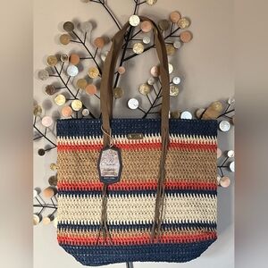 Colorful Sun and Sand Straw Tote Bag with Tan Handles